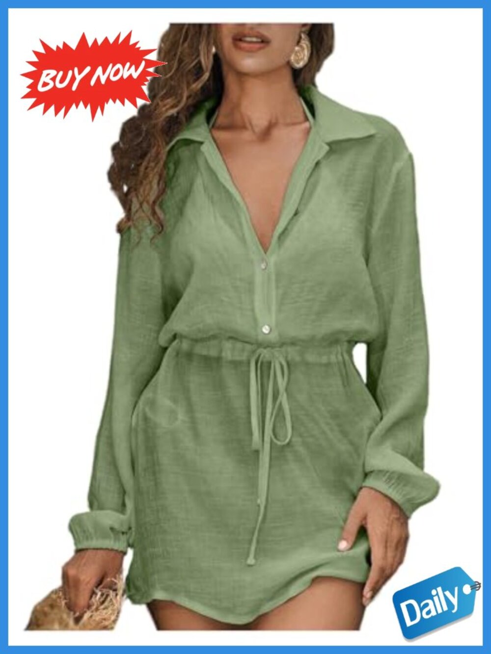 Semi Sheer Beach Cover Up Dress Long Sleeve Cinched Waist Short Vacation